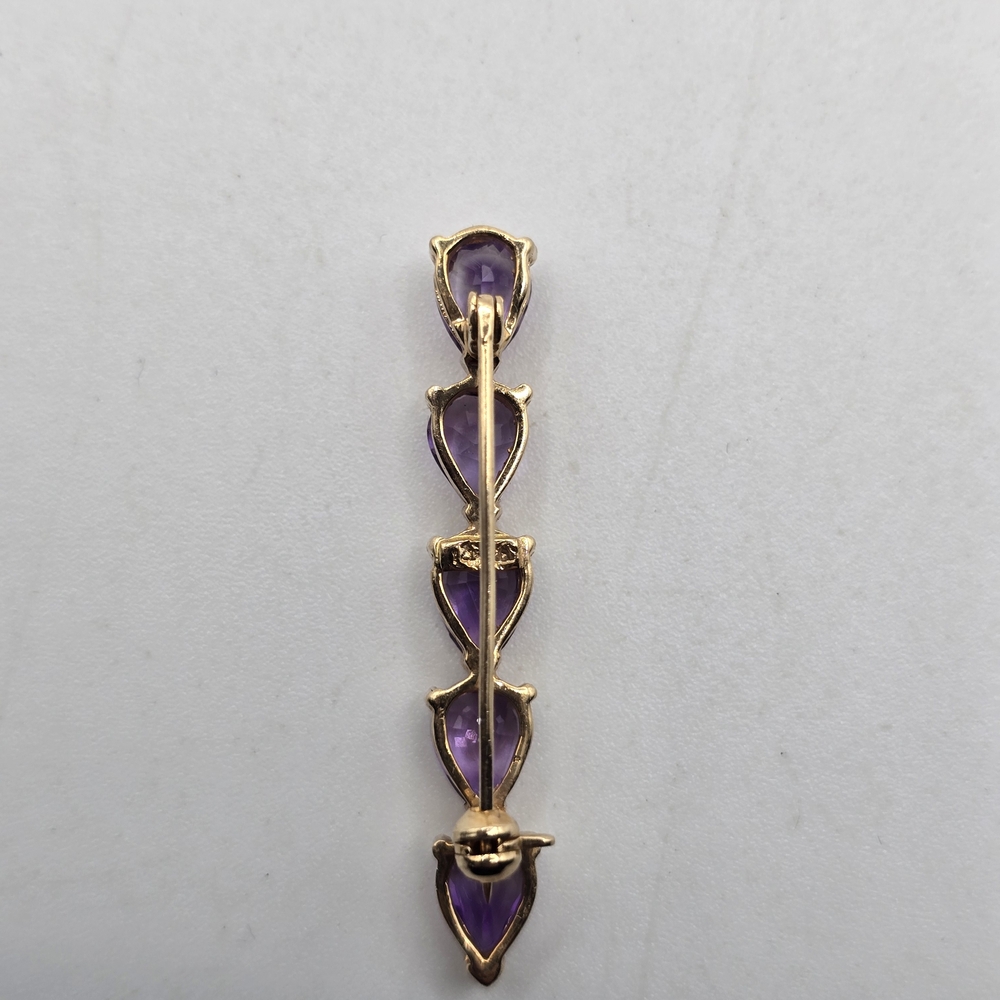 14k Gold Purple Amethyst Gemstone Bar Brooch - Picture 4 of 7